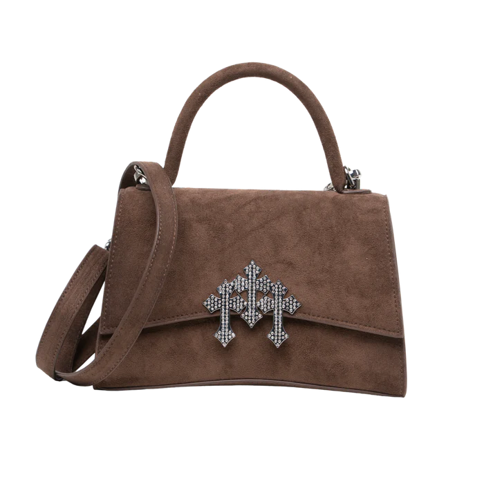 vista frontal de bolsa 004 cafe en gamuza de la coleccion barbas hats